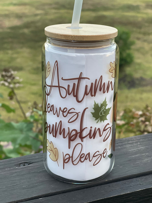 Autumn leaves and pumpkins please 16oz clear