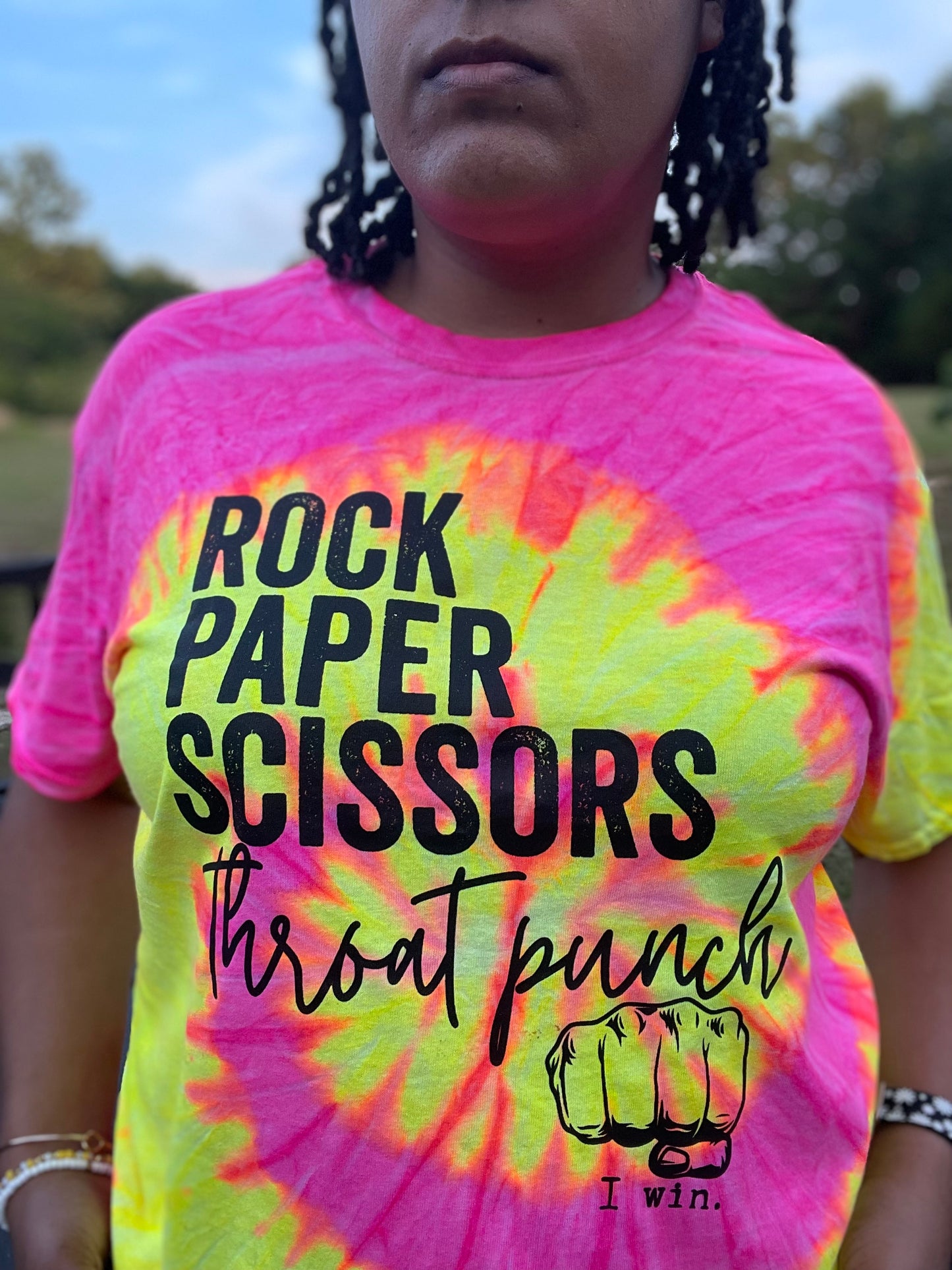 Rock Paper Scissors Throat Punch tie dye tee